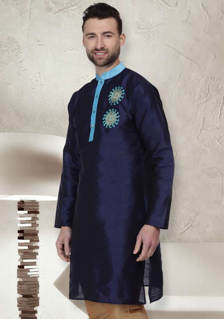 Navy Blue Embroidery Sequins Work Dupion Silk Blend Kurta For Men - Indya