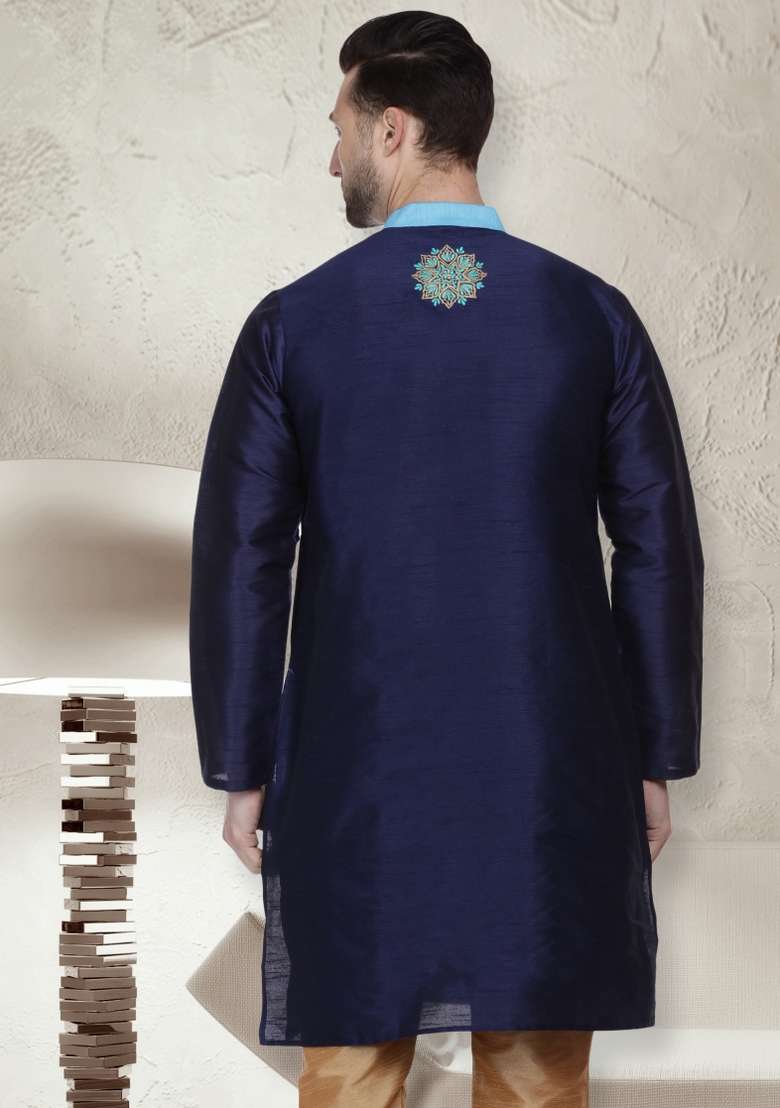 Navy Blue Embroidery Sequins Work Dupion Silk Blend Kurta For Men - Indya