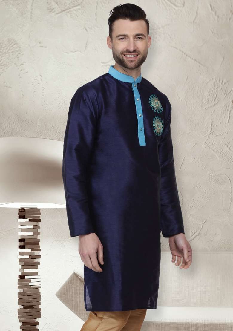 Navy Blue Embroidery Sequins Work Dupion Silk Blend Kurta For Men - Indya