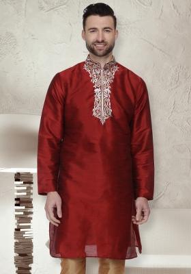 Maroon Embroidery Sequins Work Dupion Silk Blend Kurta For Men