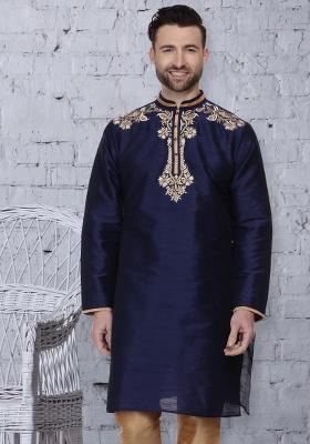 Navy Blue Embroidery Sequins Work Dupion Silk Kurta For Men