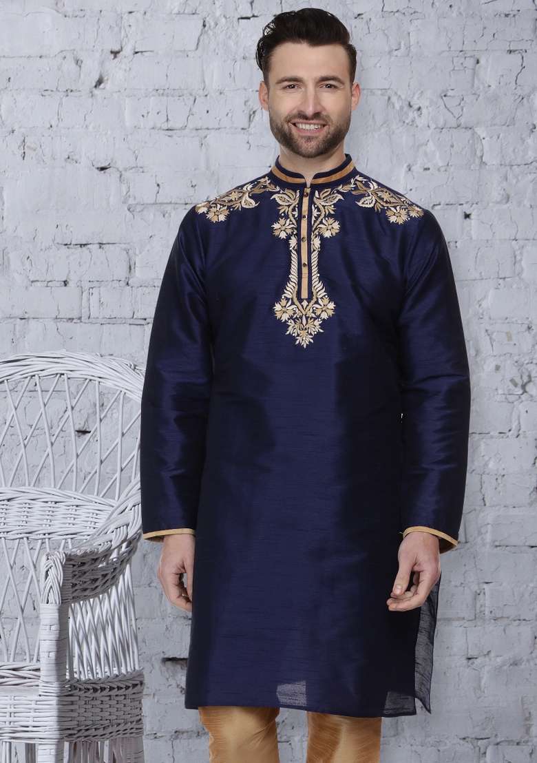 Navy Blue Embroidery Sequins Work Dupion Silk Blend Kurta For Men - Indya