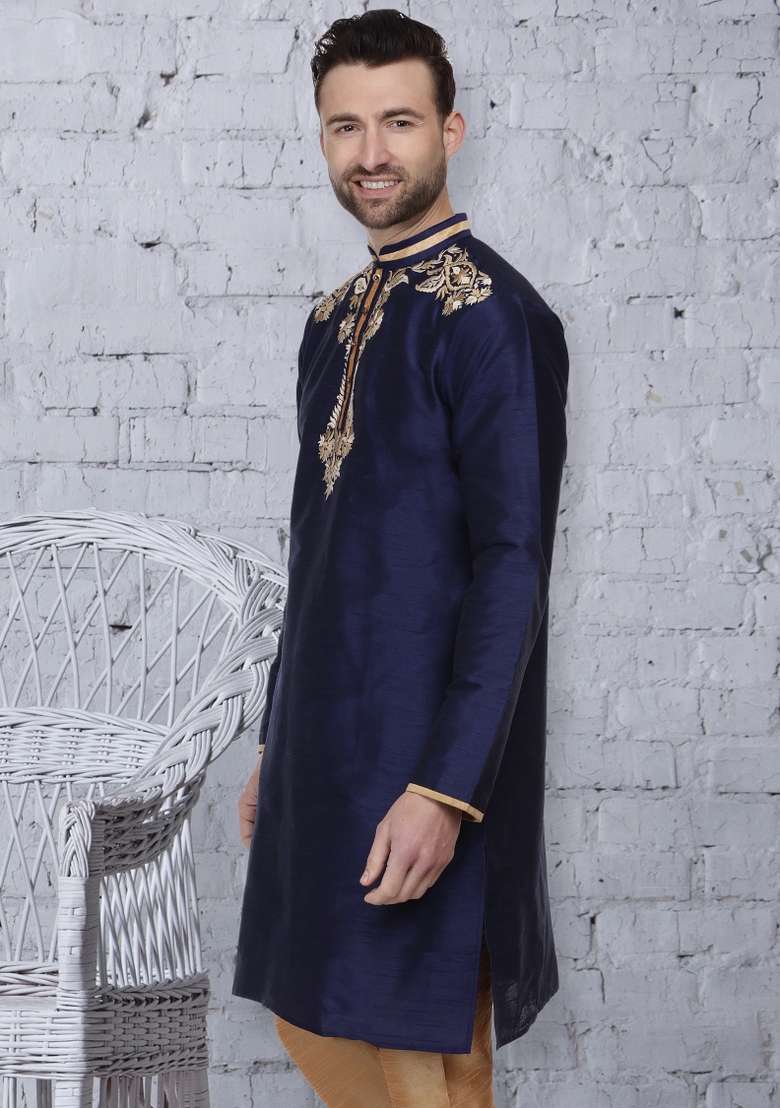 Navy Blue Embroidery Sequins Work Dupion Silk Blend Kurta For Men - Indya