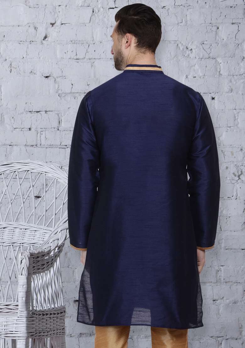 Navy Blue Embroidery Sequins Work Dupion Silk Blend Kurta For Men - Indya