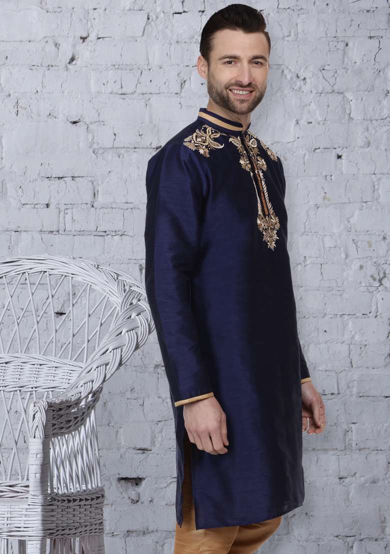 Navy Blue Embroidery Sequins Work Dupion Silk Blend Kurta For Men - Indya
