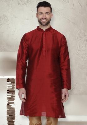 Maroon Embroidery Sequins Work Dupion Silk Blend Kurta For Men