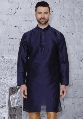 Navy Blue Embroidery Sequins Work Dupion Silk Kurta For Men