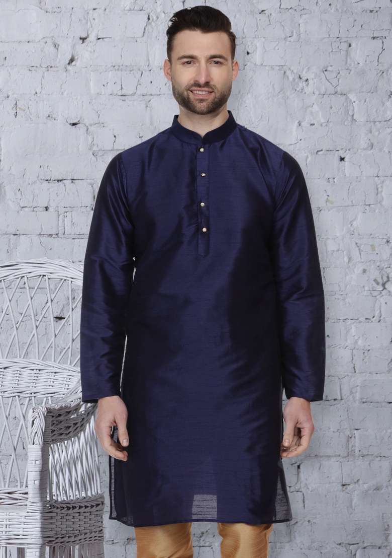 Navy Blue Embroidery Sequins Work Dupion Silk Blend Kurta For Men - Indya