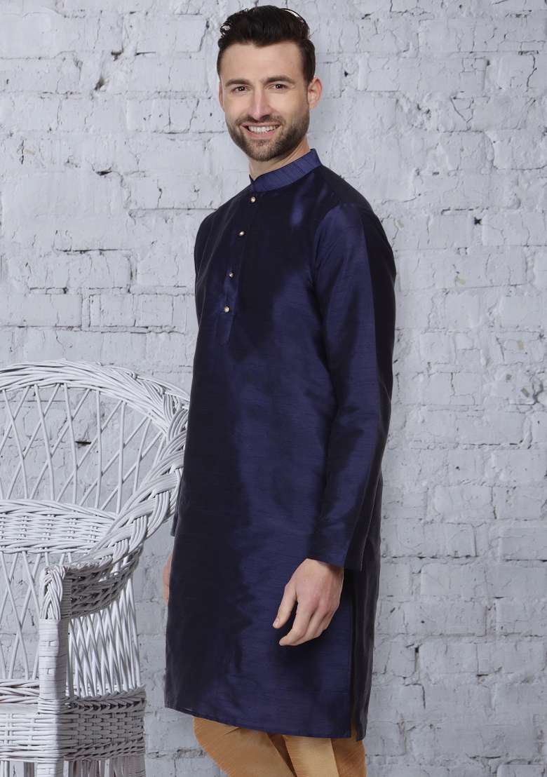 Navy Blue Embroidery Sequins Work Dupion Silk Blend Kurta For Men - Indya