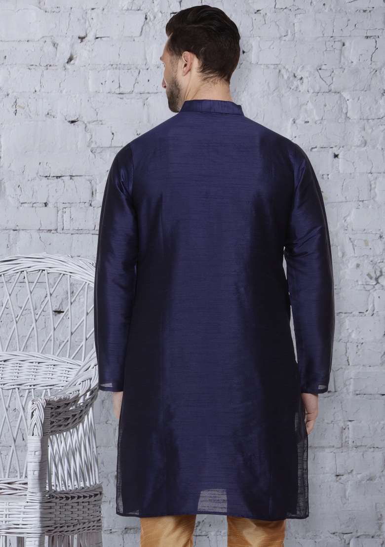 Navy Blue Embroidery Sequins Work Dupion Silk Blend Kurta For Men - Indya