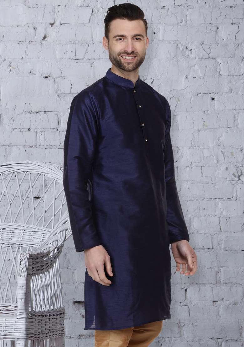 Navy Blue Embroidery Sequins Work Dupion Silk Blend Kurta For Men - Indya