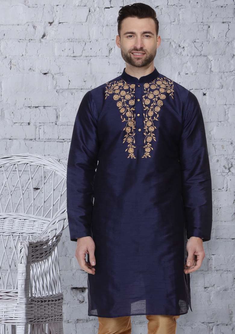 Navy Blue Embroidery Sequins Work Dupion Silk Blend Kurta For Men - Indya