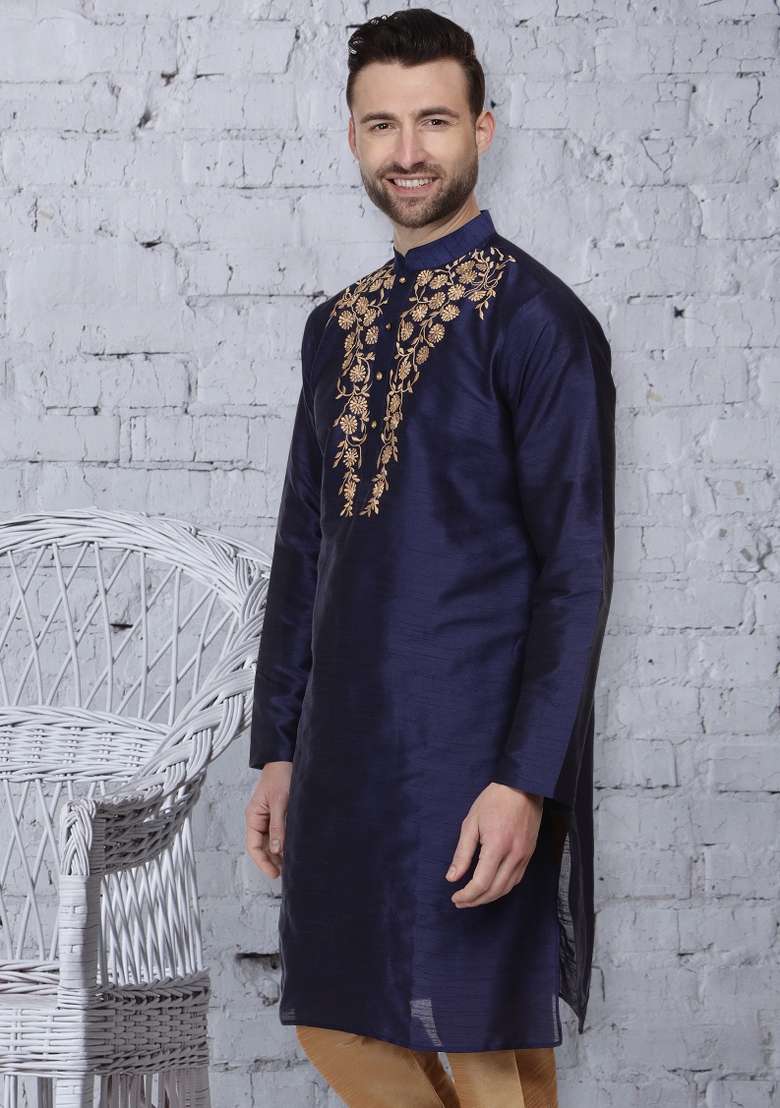 Navy Blue Embroidery Sequins Work Dupion Silk Blend Kurta For Men - Indya