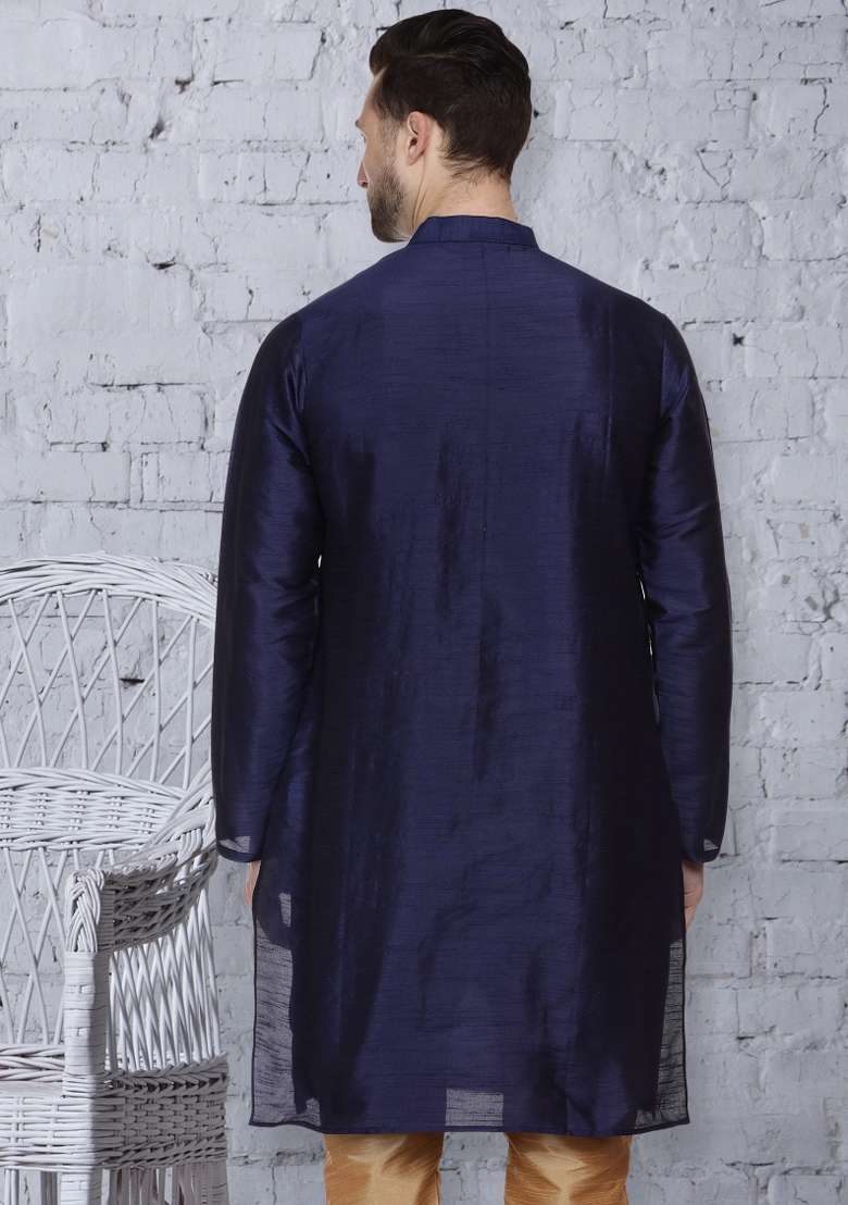 Navy Blue Embroidery Sequins Work Dupion Silk Blend Kurta For Men - Indya