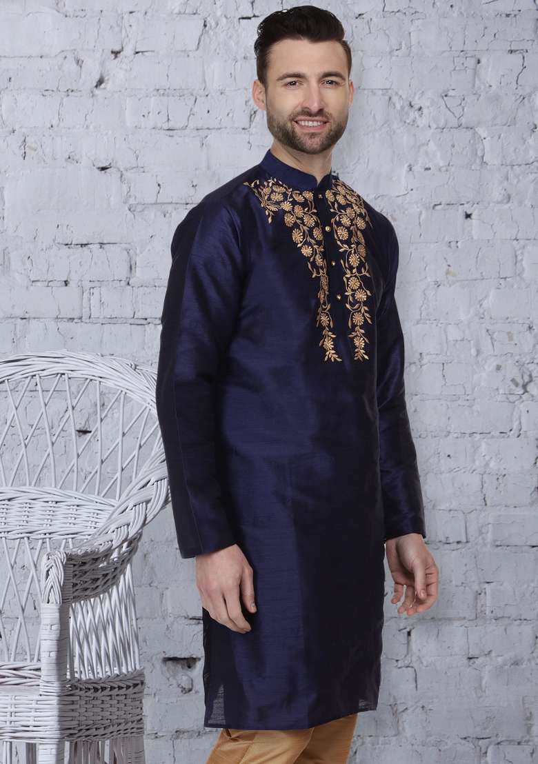 Navy Blue Embroidery Sequins Work Dupion Silk Blend Kurta For Men - Indya