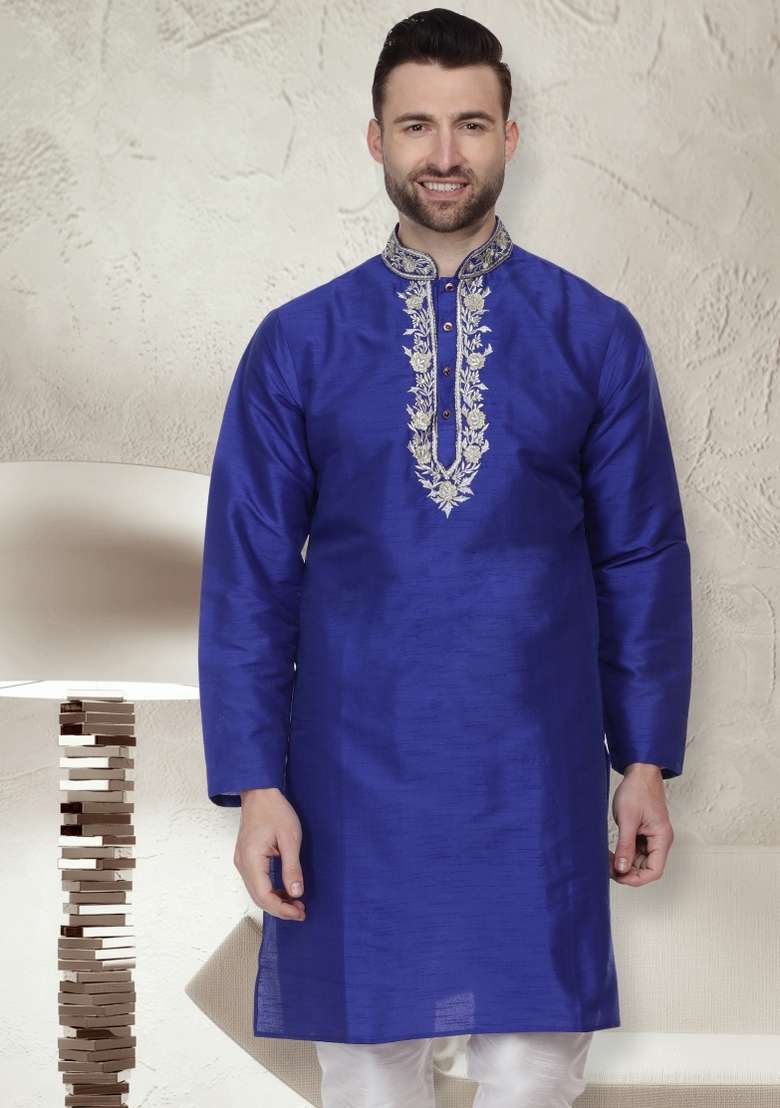 Royal Blue Embroidery Sequins Work Dupion Silk Blend Kurta For Men - Indya
