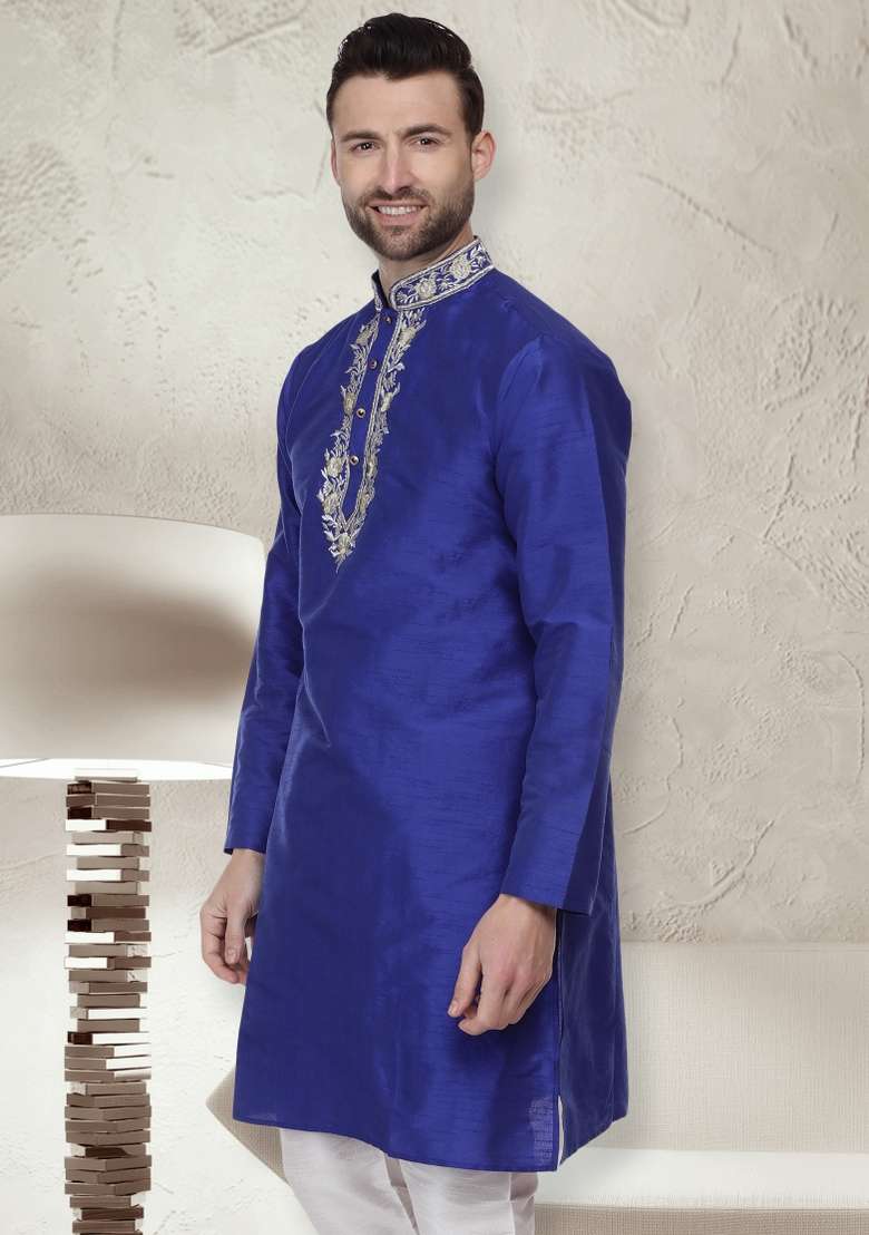 Royal Blue Embroidery Sequins Work Dupion Silk Blend Kurta For Men - Indya