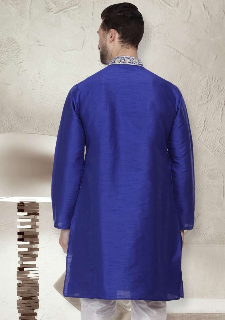 Royal Blue Embroidery Sequins Work Dupion Silk Blend Kurta For Men - Indya