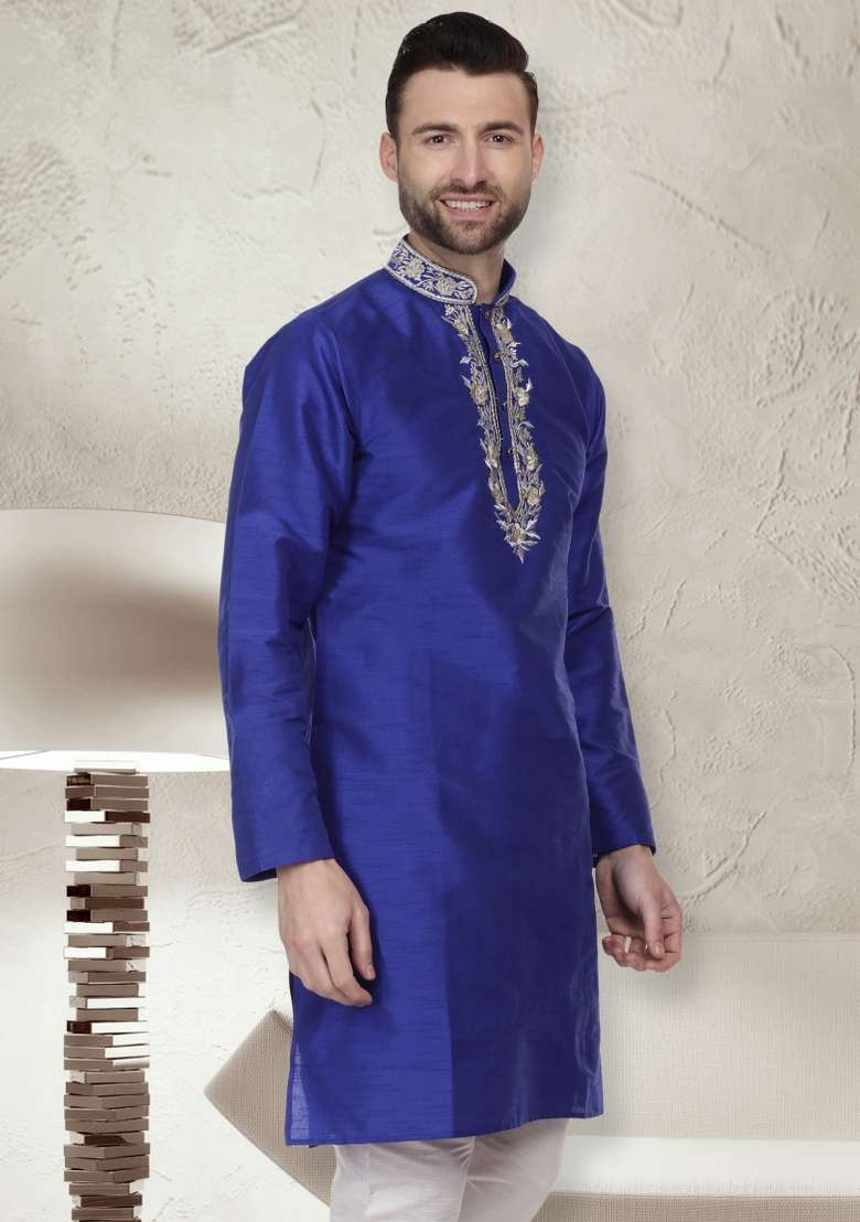 Royal Blue Embroidery Sequins Work Dupion Silk Blend Kurta For Men - Indya