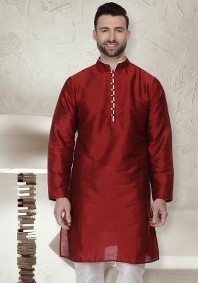 Maroon Embroidery Sequins Work Dupion Silk Blend Kurta For Men