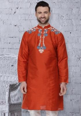 Rust Orange Embroidery Sequins Work Dupion Silk Kurta For Men