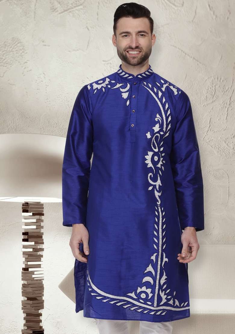 Royal Blue Embroidery Sequins Work Dupion Silk Blend Kurta For Men - Indya