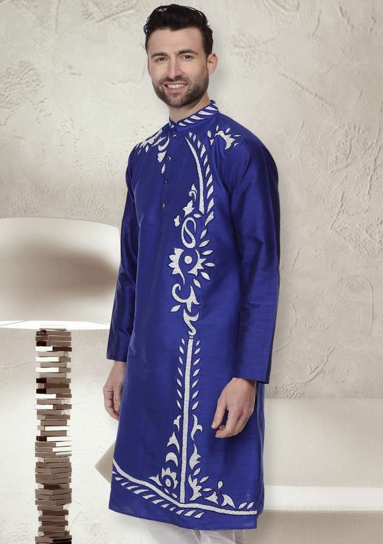 Royal Blue Embroidery Sequins Work Dupion Silk Blend Kurta For Men - Indya