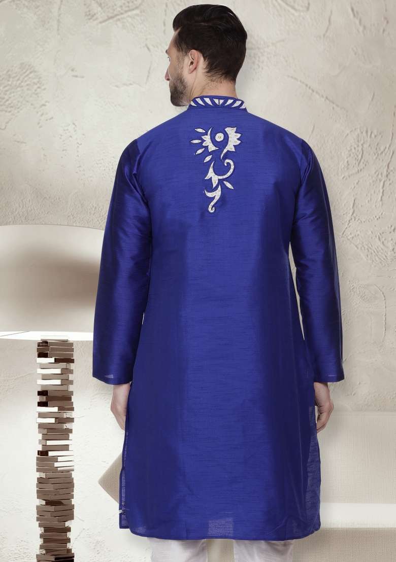 Royal Blue Embroidery Sequins Work Dupion Silk Blend Kurta For Men - Indya