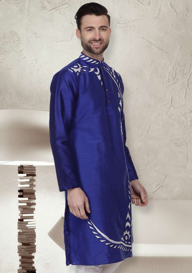 Royal Blue Embroidery Sequins Work Dupion Silk Blend Kurta For Men - Indya