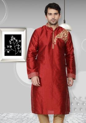 Maroon Embroidery Sequins Work Dupion Silk Blend Kurta For Men