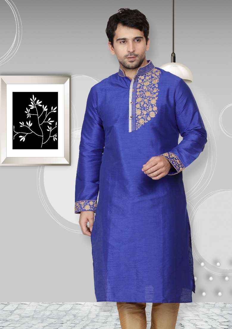 Royal Blue Embroidery Sequins Work Dupion Silk Blend Kurta For Men - Indya