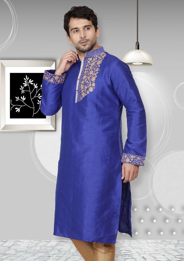 Royal Blue Embroidery Sequins Work Dupion Silk Blend Kurta For Men - Indya