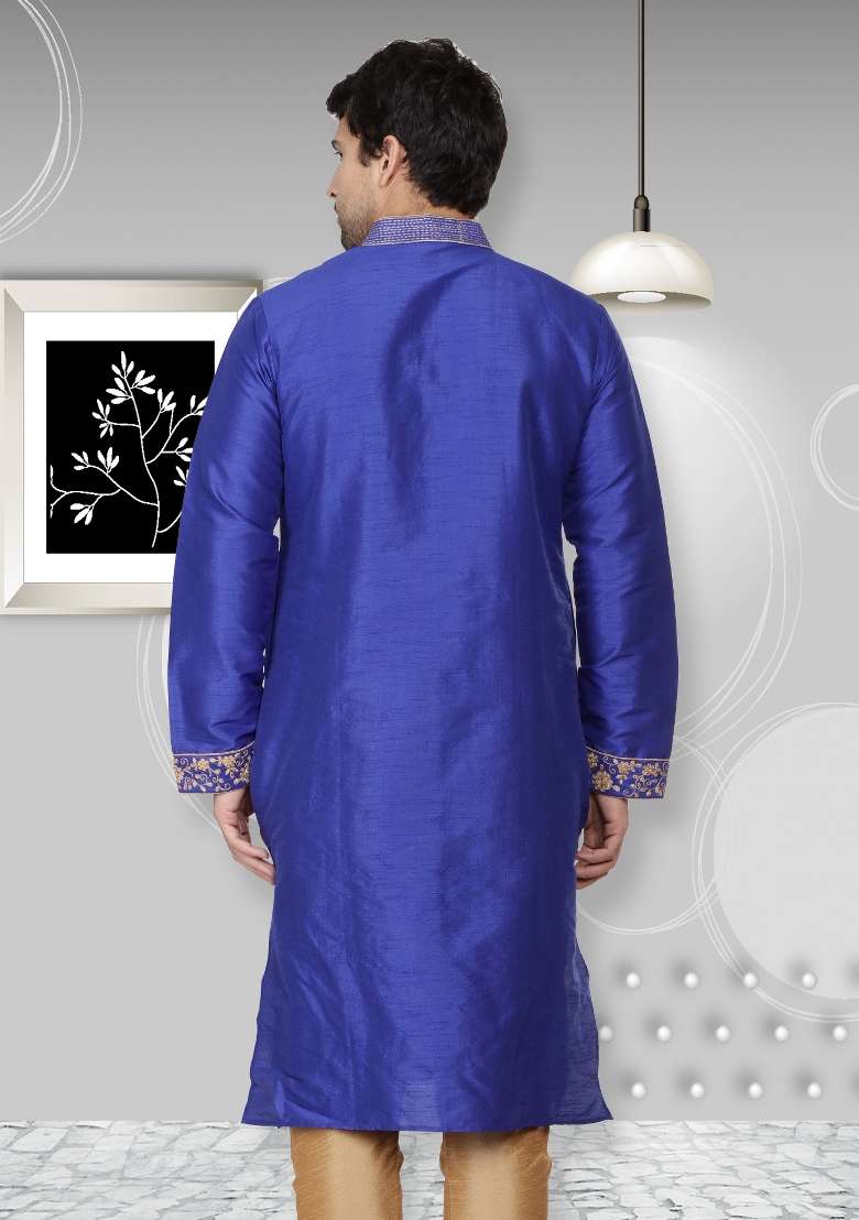 Royal Blue Embroidery Sequins Work Dupion Silk Blend Kurta For Men - Indya