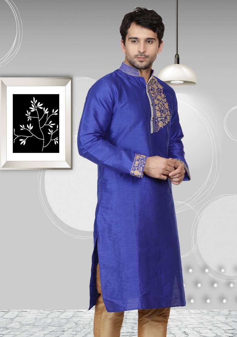 Royal Blue Embroidery Sequins Work Dupion Silk Blend Kurta For Men - Indya