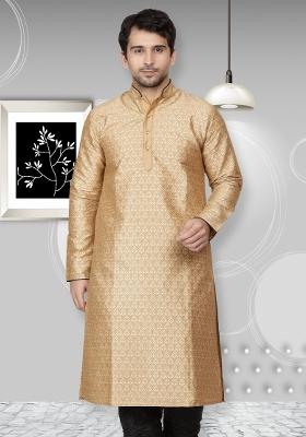 Golden Embroidery Sequins Work Dupion Silk Blend Kurta For Men