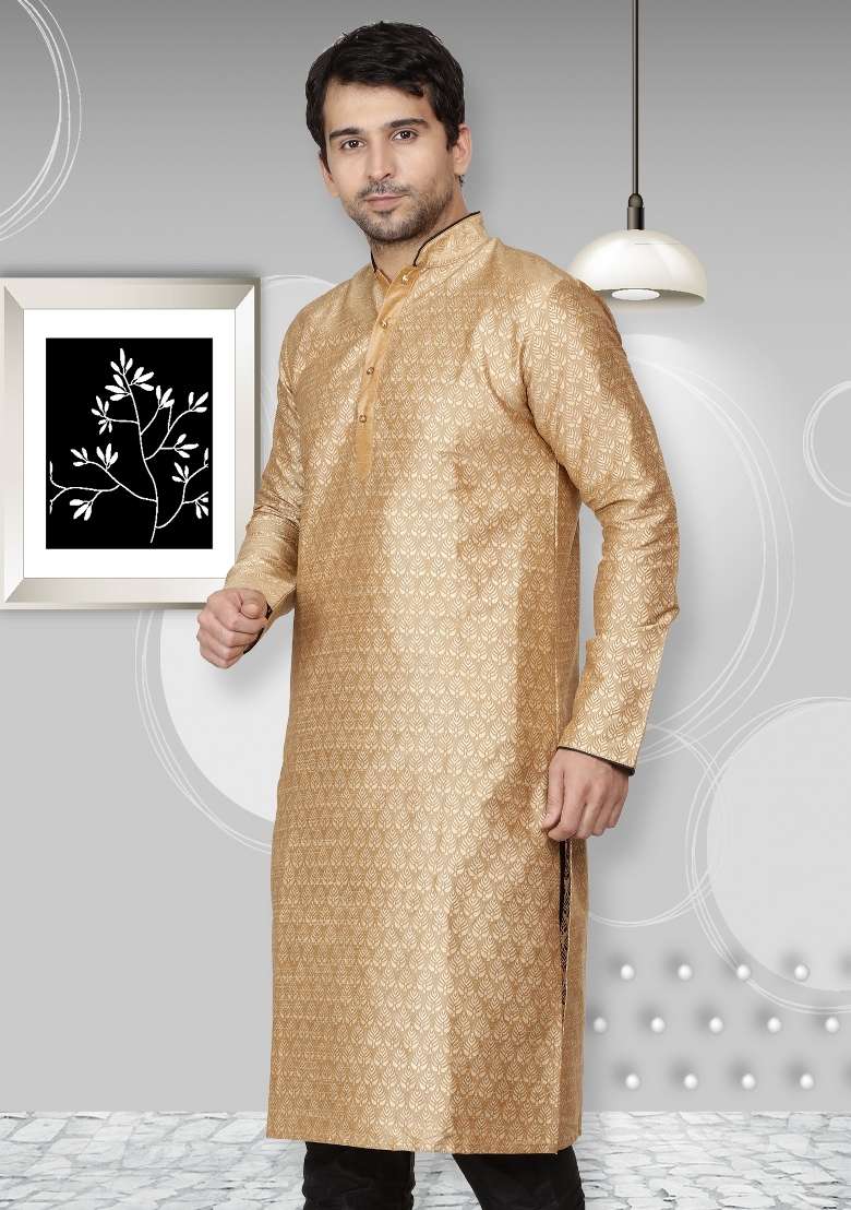 Golden Embroidery Sequins Work Dupion Silk Blend Kurta For Men - Indya