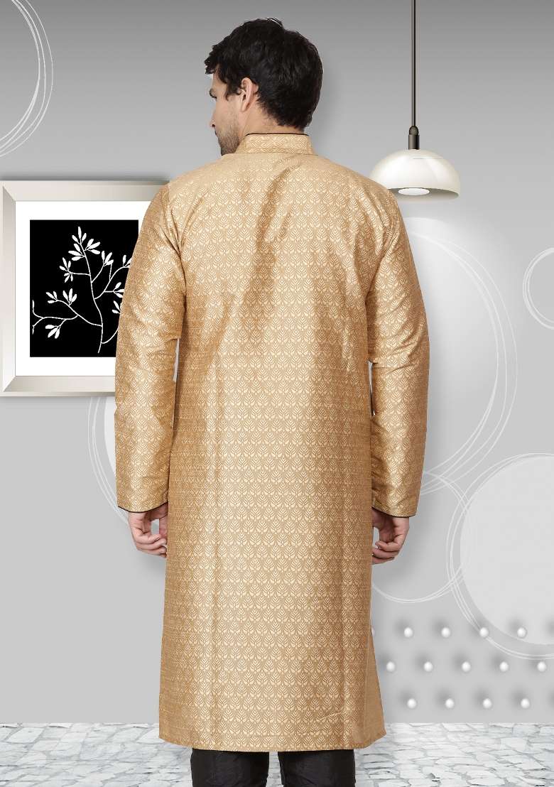 Golden Embroidery Sequins Work Dupion Silk Blend Kurta For Men - Indya