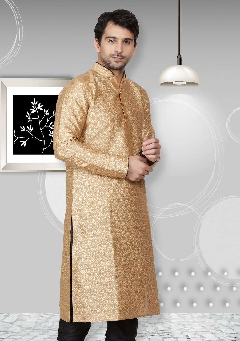 Golden Embroidery Sequins Work Dupion Silk Blend Kurta For Men - Indya