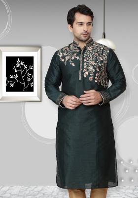 Green Embroidery Sequins Work Dupion Silk Blend Kurta For Men