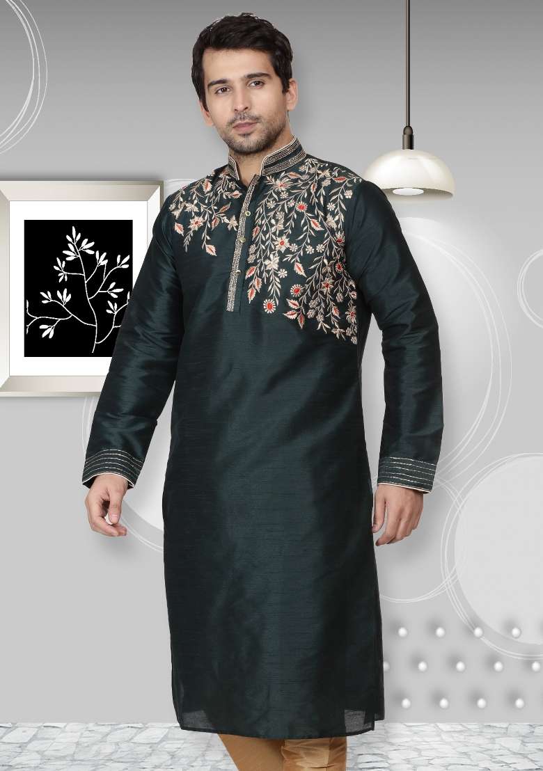 Green Embroidery Sequins Work Dupion Silk Blend Kurta For Men - Indya