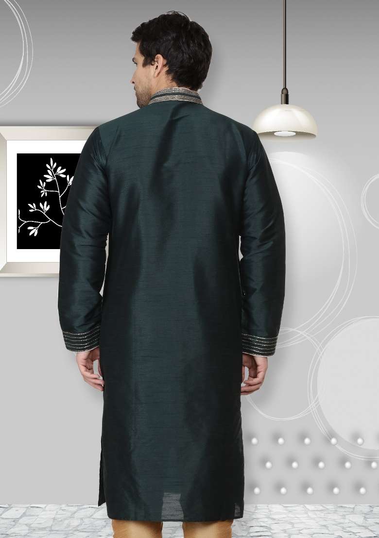 Green Embroidery Sequins Work Dupion Silk Blend Kurta For Men - Indya