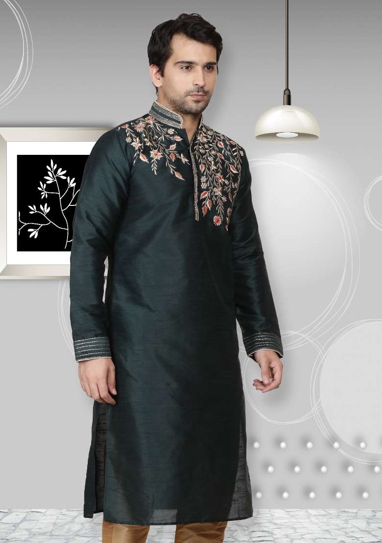 Green Embroidery Sequins Work Dupion Silk Blend Kurta For Men - Indya
