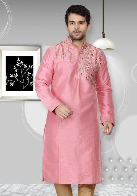Pink Embroidery Sequins Work Dupion Silk Kurta For Men