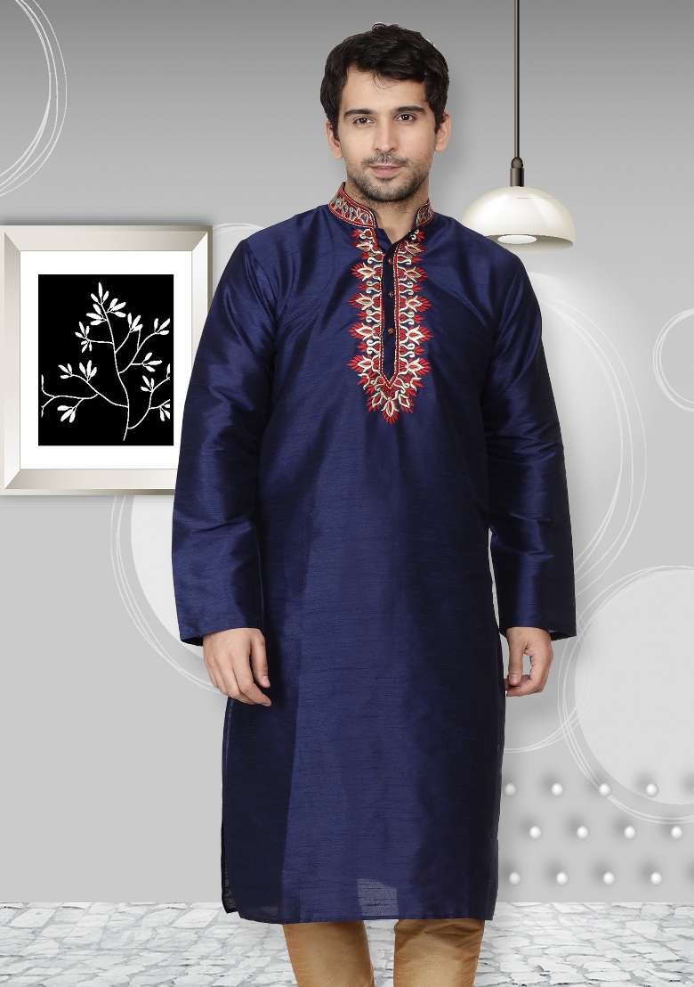 Navy Blue Embroidery Sequins Work Dupion Silk Blend Kurta For Men - Indya