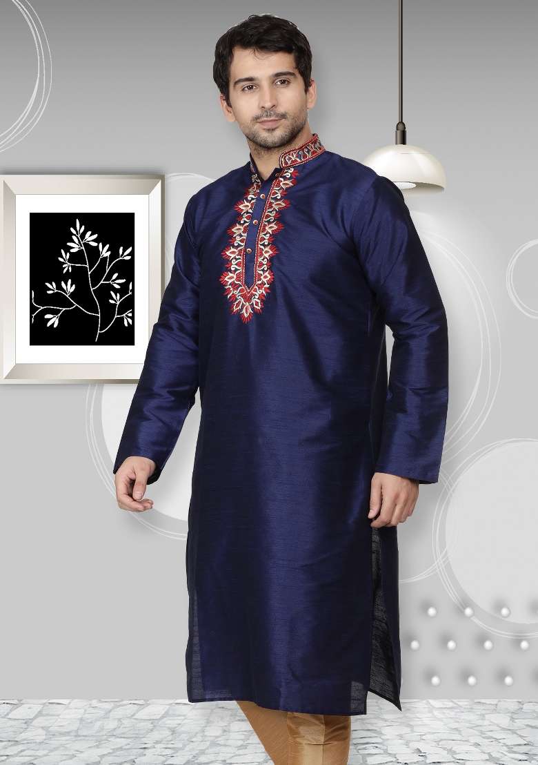 Navy Blue Embroidery Sequins Work Dupion Silk Blend Kurta For Men - Indya