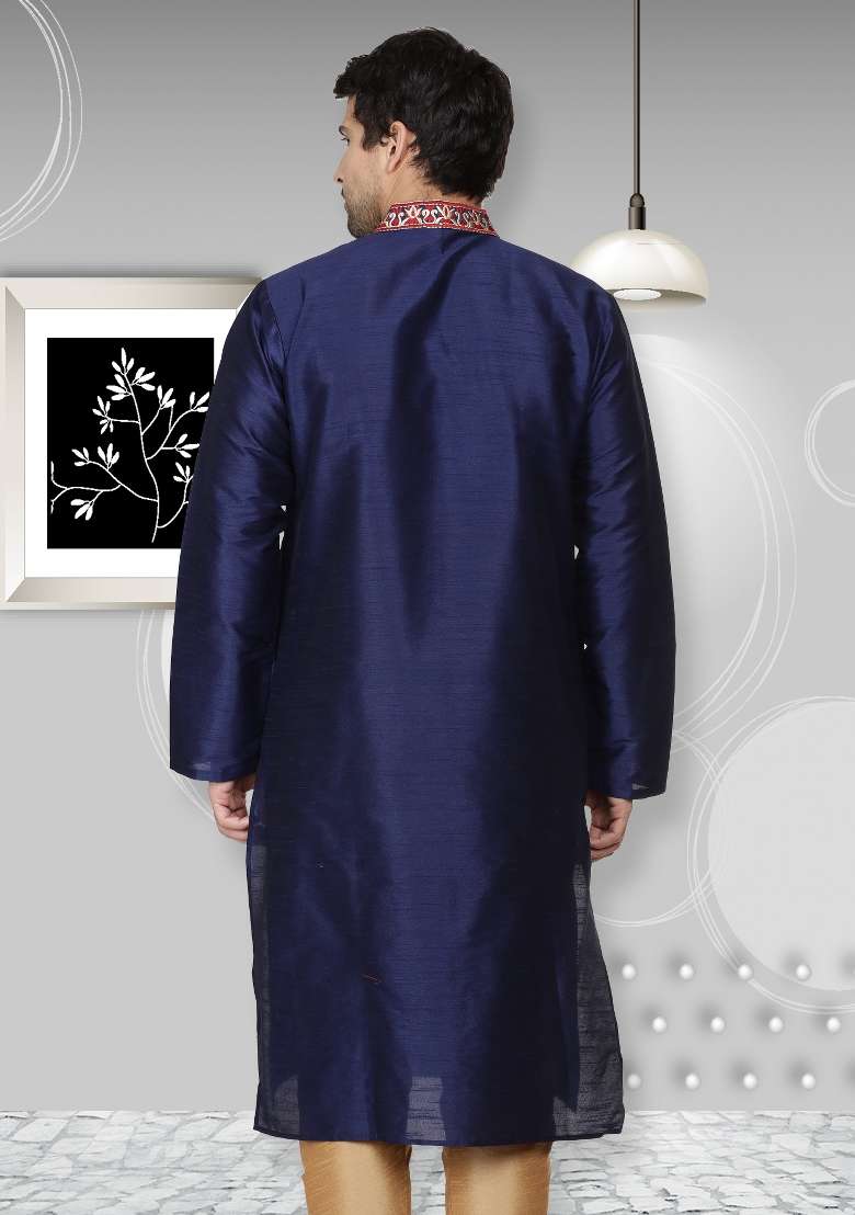 Navy Blue Embroidery Sequins Work Dupion Silk Blend Kurta For Men - Indya