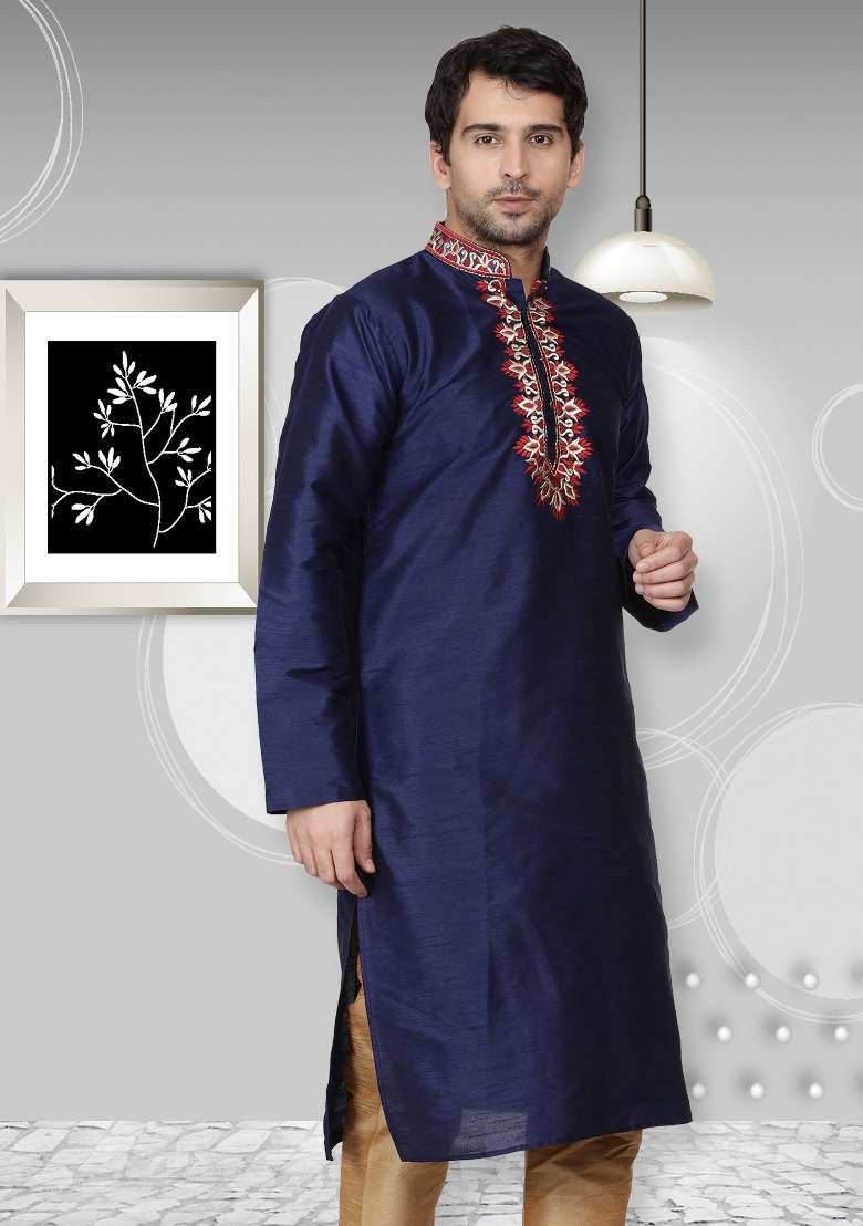 Navy Blue Embroidery Sequins Work Dupion Silk Blend Kurta For Men - Indya