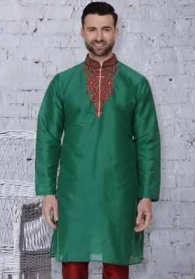 Green Embroidery Sequins Work Dupion Silk Blend Kurta For Men