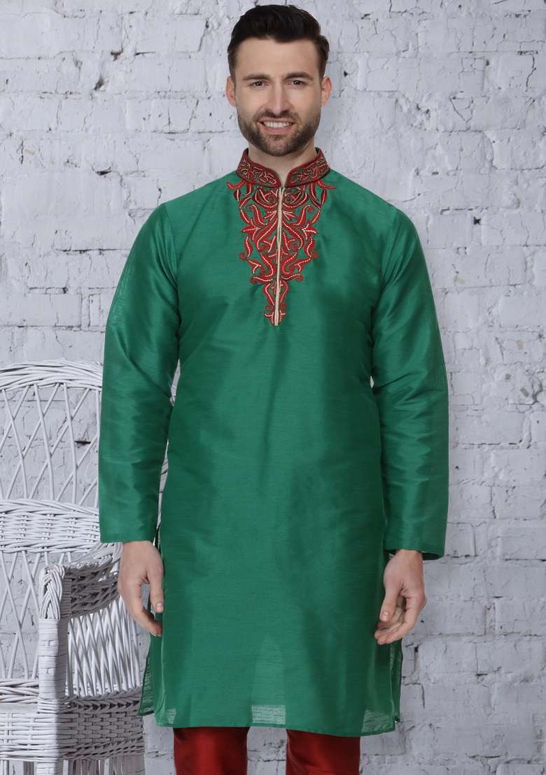 Green Embroidery Sequins Work Dupion Silk Blend Kurta For Men - Indya