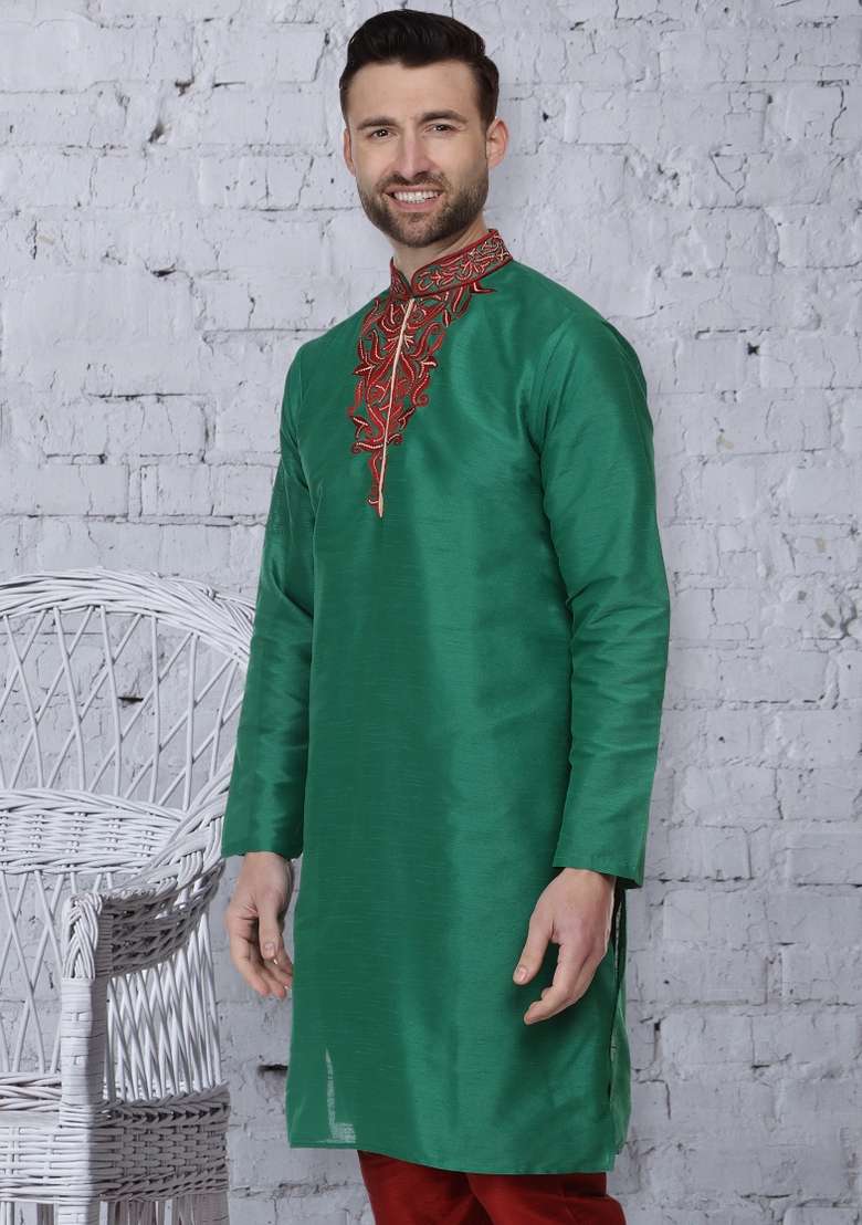 Green Embroidery Sequins Work Dupion Silk Blend Kurta For Men - Indya